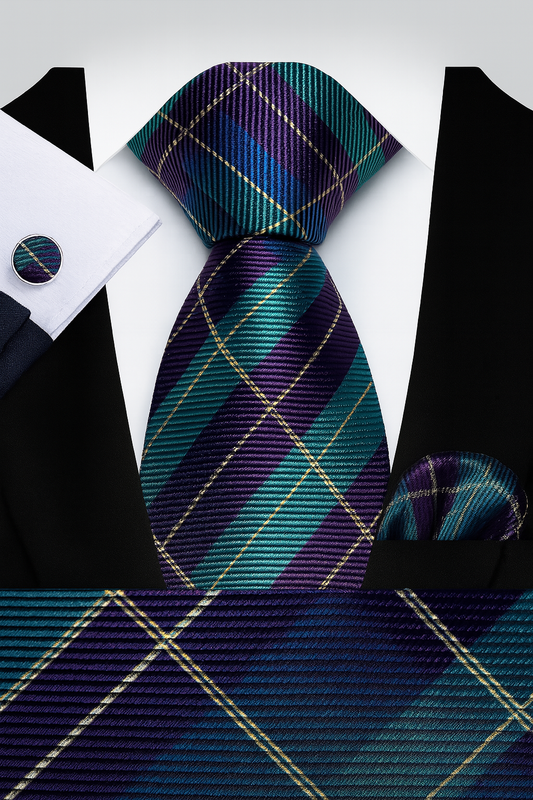 Andrew Lloyd 100% Silk Tie – Purple & Aqua Check