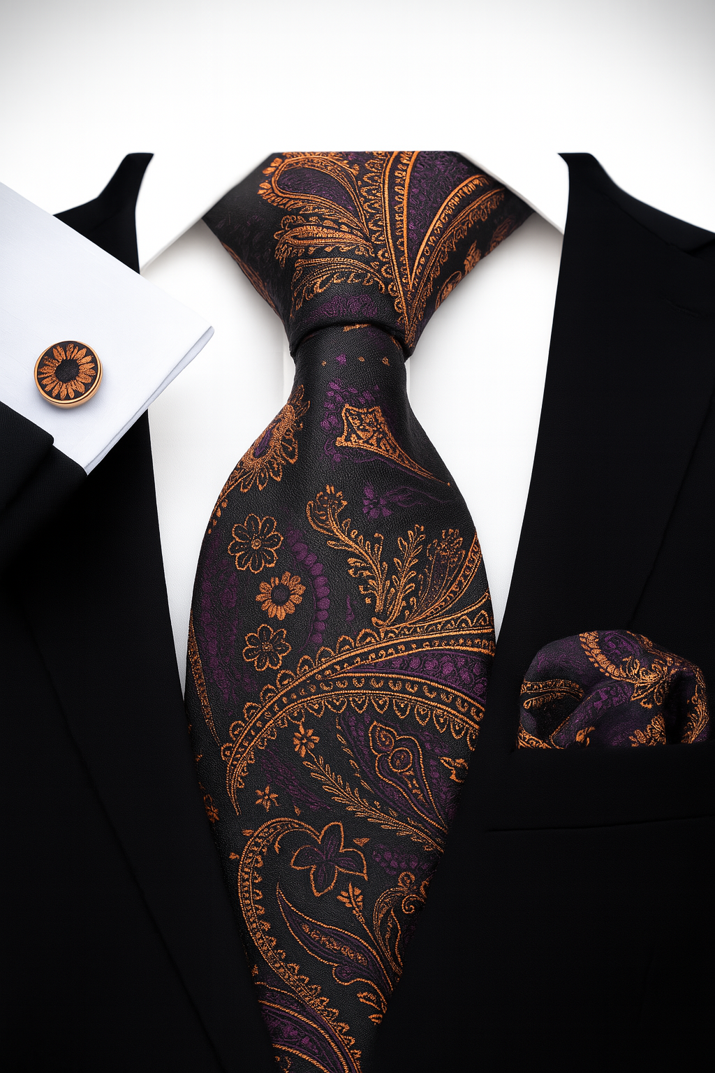 Andrew Lloyd 100% Silk Tie – Royal Black Paisley with Copper Accents
