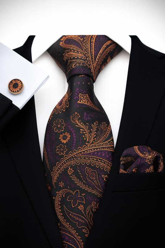 Andrew Lloyd 100% Silk Tie – Royal Black Paisley with Copper Accents