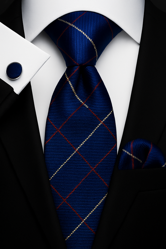 Andrew Lloyd 100% Silk Tie – Deep Blue with Red Grid