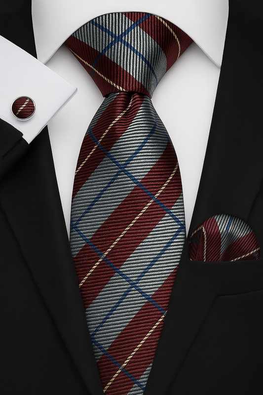 Andrew Lloyd 100% Silk Tie – Burgundy Blue Plaid