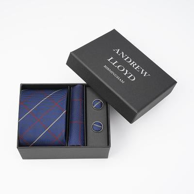 Andrew Lloyd 100% Silk Tie – Deep Blue with Red Grid